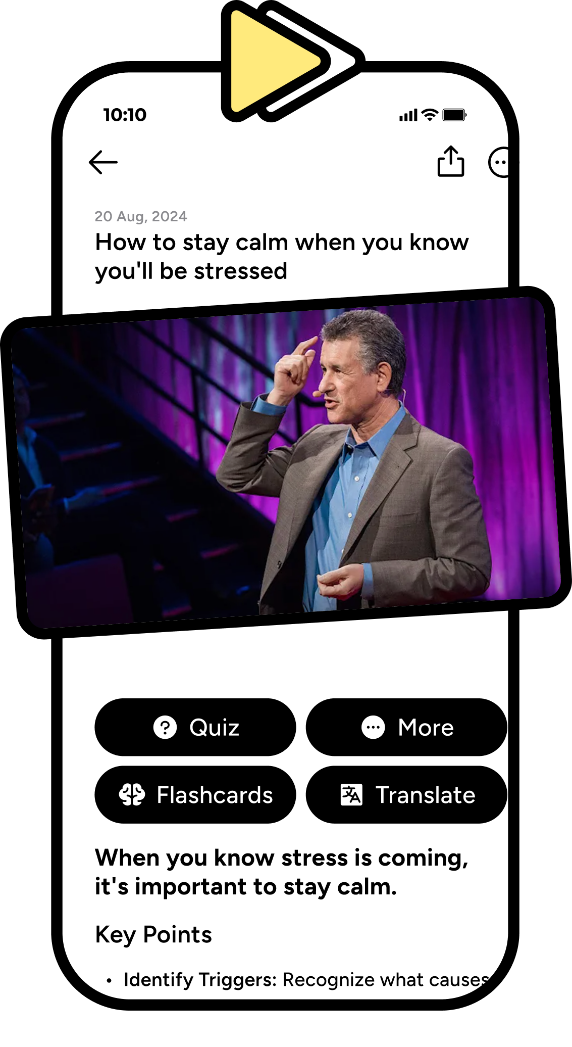 AI Note Taker interface showing video transcription and generated study notes